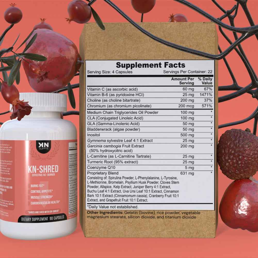 KN-Shred fat burner supplement bottle displayed next to its detailed supplement facts label, highlighting the product’s natural ingredients and health benefits designed to support weight loss without caffeine-induced jitters.