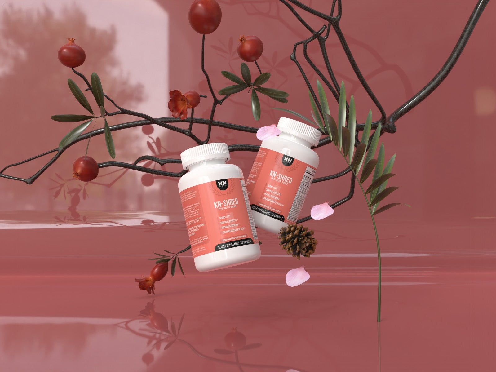 KN-Shred fat burner supplement bottles displayed in a serene natural setting, highlighting the product's natural ingredients and caffeine-free formula designed to support weight loss without jitters or crashes.