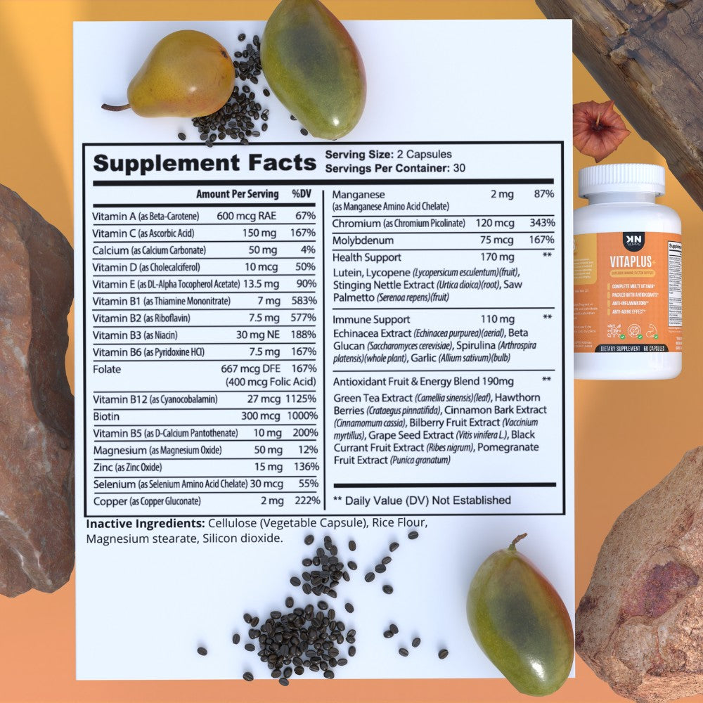 Detailed supplement facts of Vitaplus+ multivitamin and multimineral with antioxidant ingredients displayed alongside the product bottle on a vibrant background.