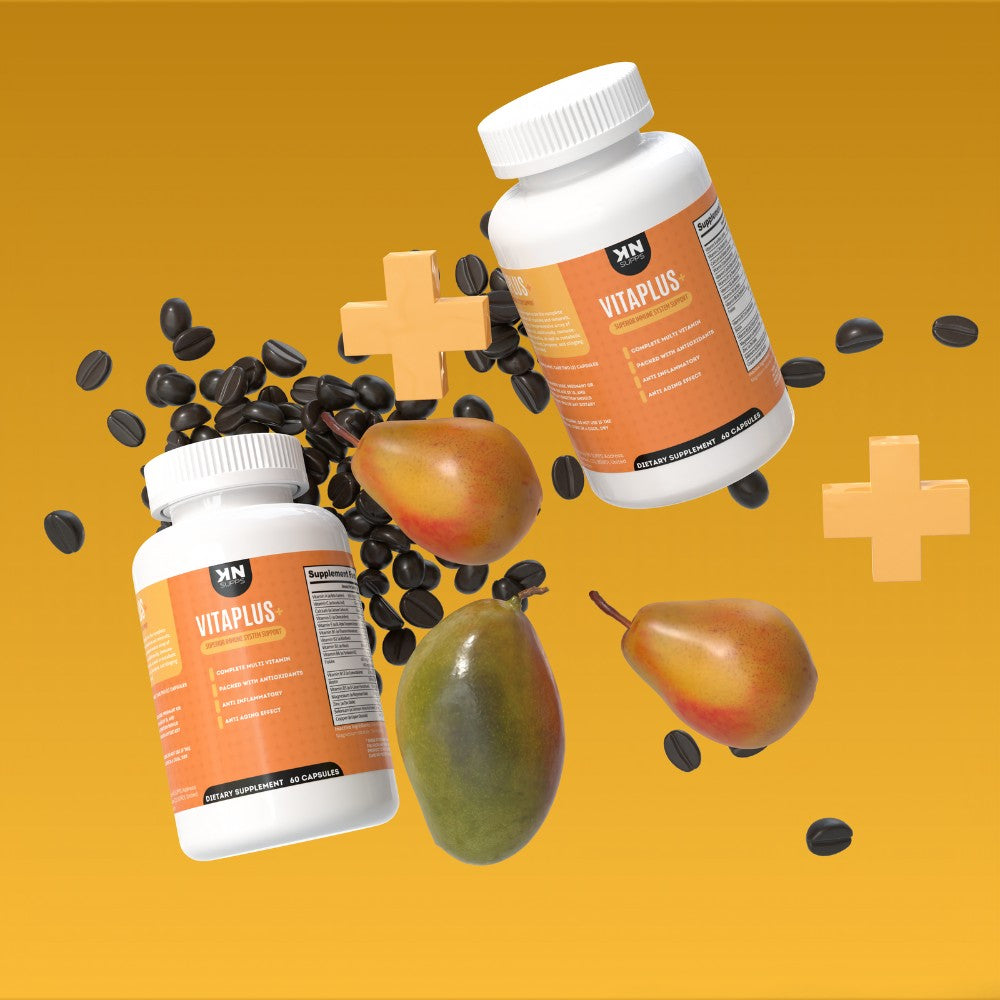 VITAPLUS+ supplement bottles with black capsules, fruits, and a medical cross symbol, emphasizing its role as a multivitamin, multimineral, and antioxidant supplement for overall health.