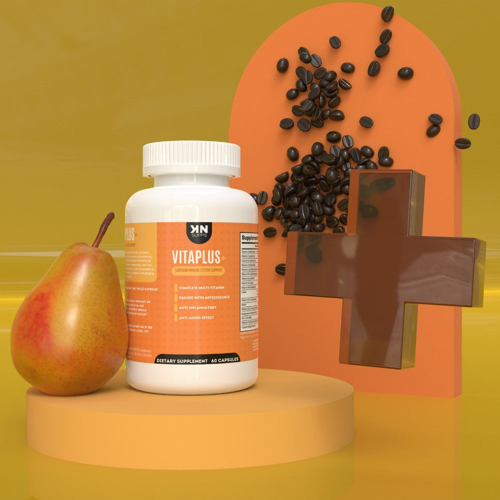 VITAPLUS+ bottle with a pear and black capsules next to a medical cross symbol, highlighting its comprehensive blend of multivitamins, multiminerals, and antioxidants for on-the-go health support.