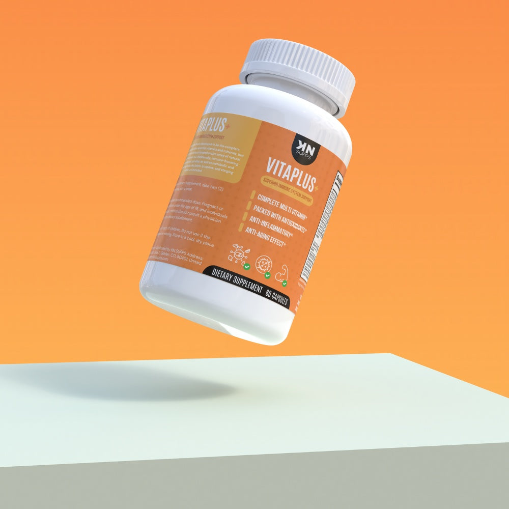 VITAPLUS+ dietary supplement bottle against an orange background, highlighting its role as a comprehensive multivitamin, multimineral, and antioxidant solution.