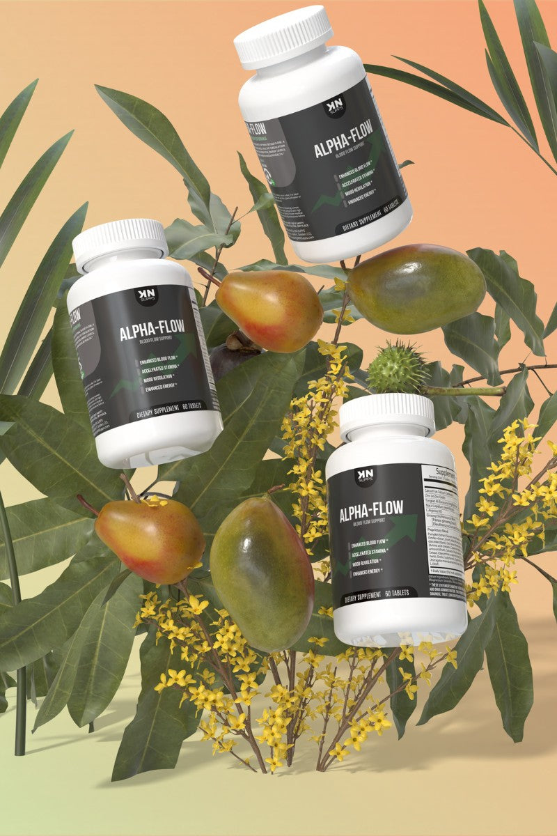 KNSupps Alpha-Flow blood flow supplement bottles displayed with natural foliage and fruits against a soft gradient background, emphasizing the natural ingredients and health benefits of the product for mobile viewers.