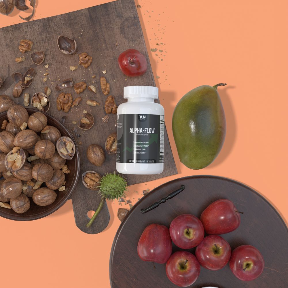 KNSupps Alpha-Flow blood flow supplement bottle surrounded by walnuts, apples, and a mango on a wooden board, promoting natural ingredients for improved circulation and heart health.