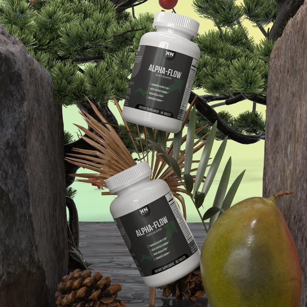 KNSupps Alpha-Flow blood flow supplement bottles displayed in a natural setting with pine trees, rocks, and a mango, emphasizing the product’s connection to nature and its benefits for circulation and heart health.