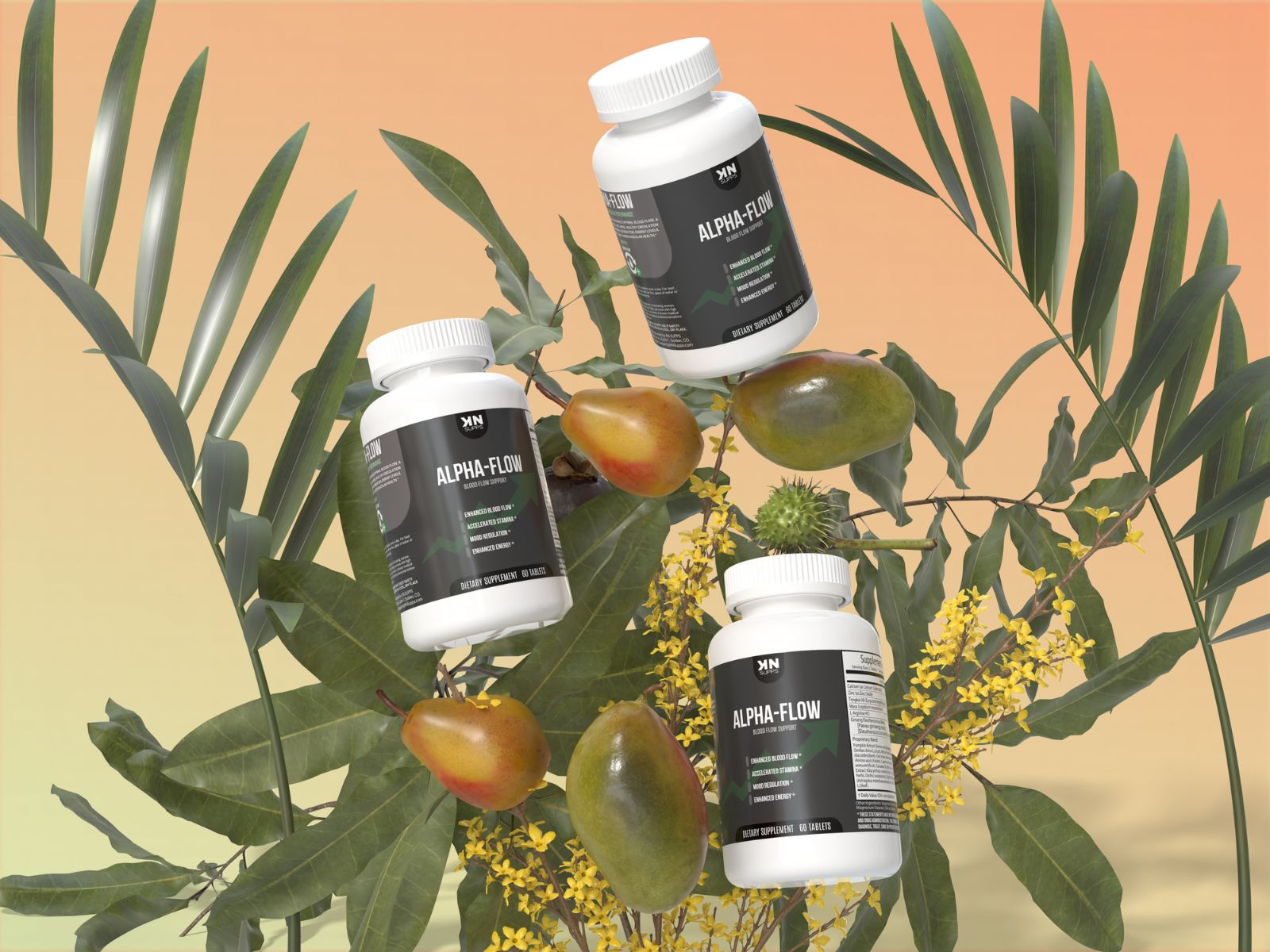 KNSupps Alpha-Flow blood flow supplement bottles displayed among natural foliage and fruits against a warm gradient background, highlighting the product’s natural ingredients for enhancing circulation and cardiovascular health.