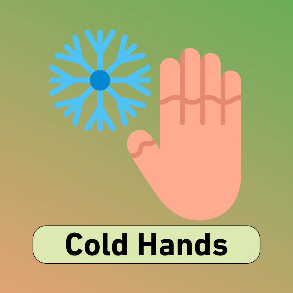 Illustration of a hand next to a blue snowflake, highlighting KNSupps Alpha-Flow supplement's ability to improve circulation and alleviate cold hands.